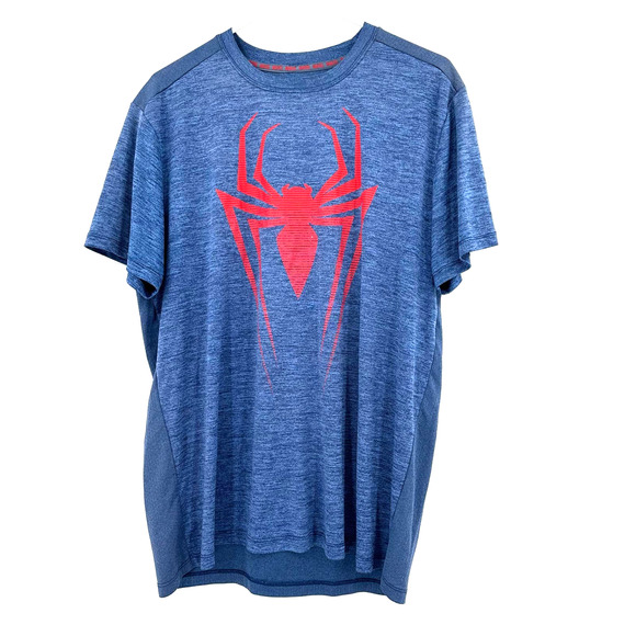 Marvel size XL mens short sleeve t-shirt blue red spider vented back mixed media - Picture 1 of 4
